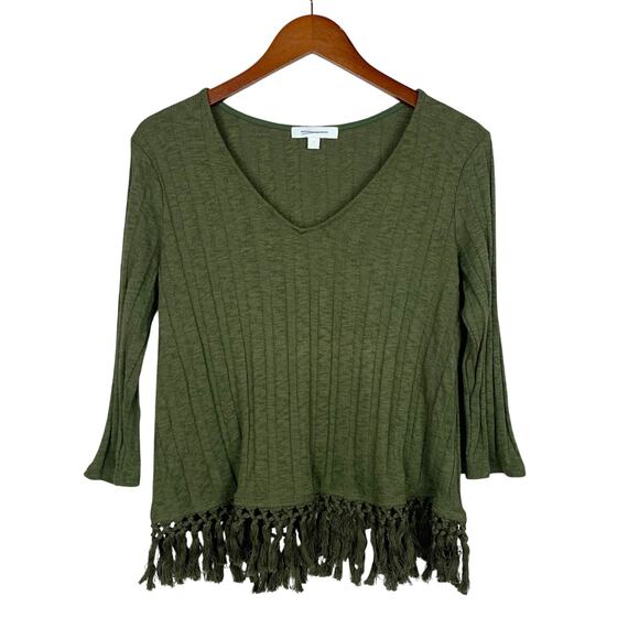 Anthropologie Sweaters - Eri + Ali Anthropologie Sweater Green Pullover Fringe 3/4 Sleeve Women's M Boho